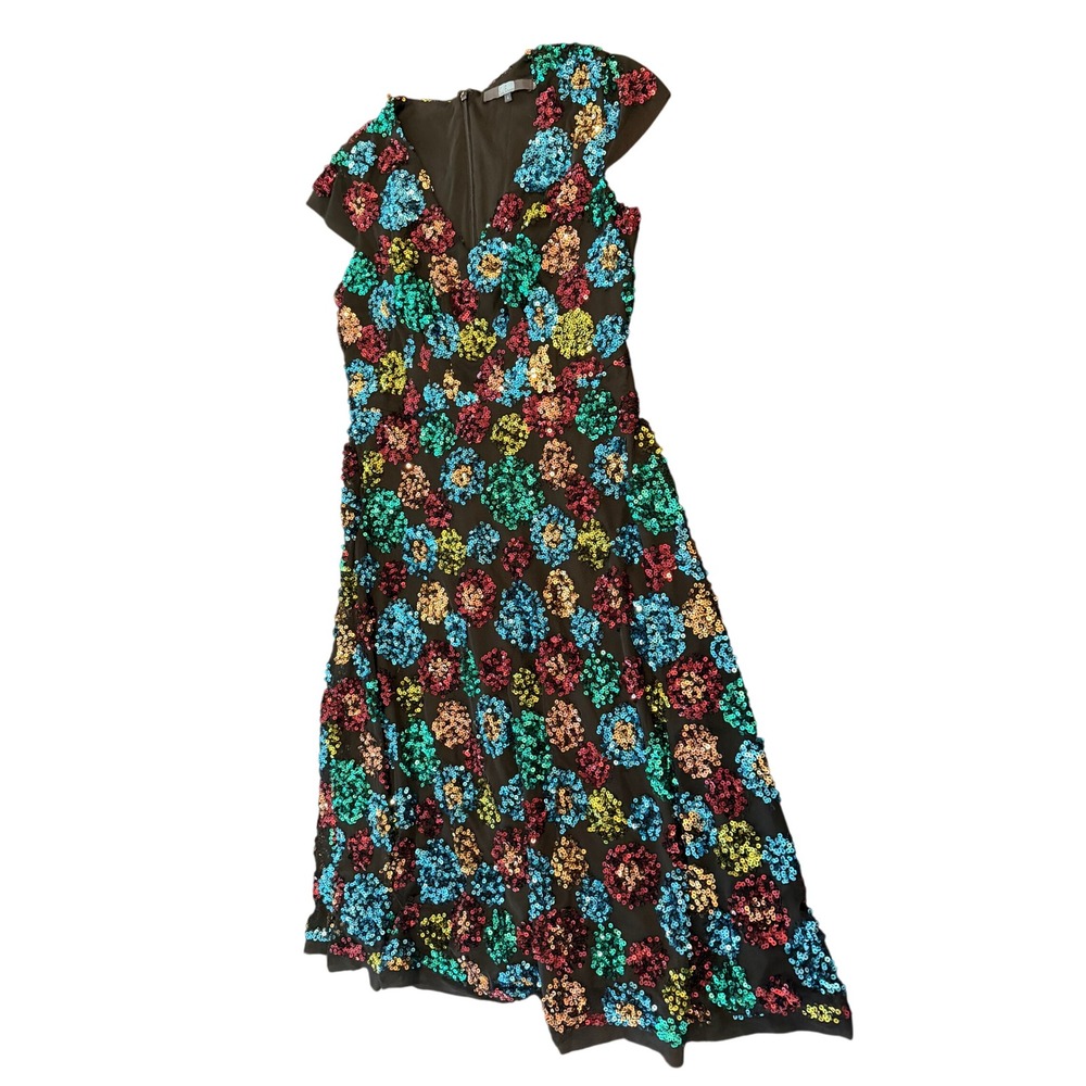 Eva Franco Multi Color Sequin Floral V-Neck Mesh Cocktail Dress Black Size 4